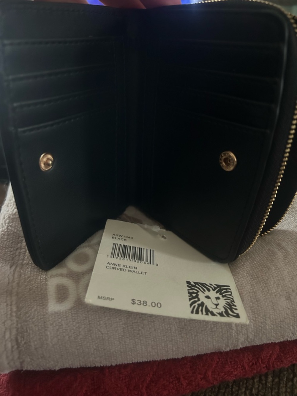 Anne Klein Black Leather Zip-Around Wallet with Gold Logo - Picture 5 of 7